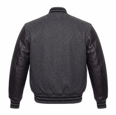 Dark Grey and Black Varsity Jacket with Wool Body and Leather Sleeves Back View