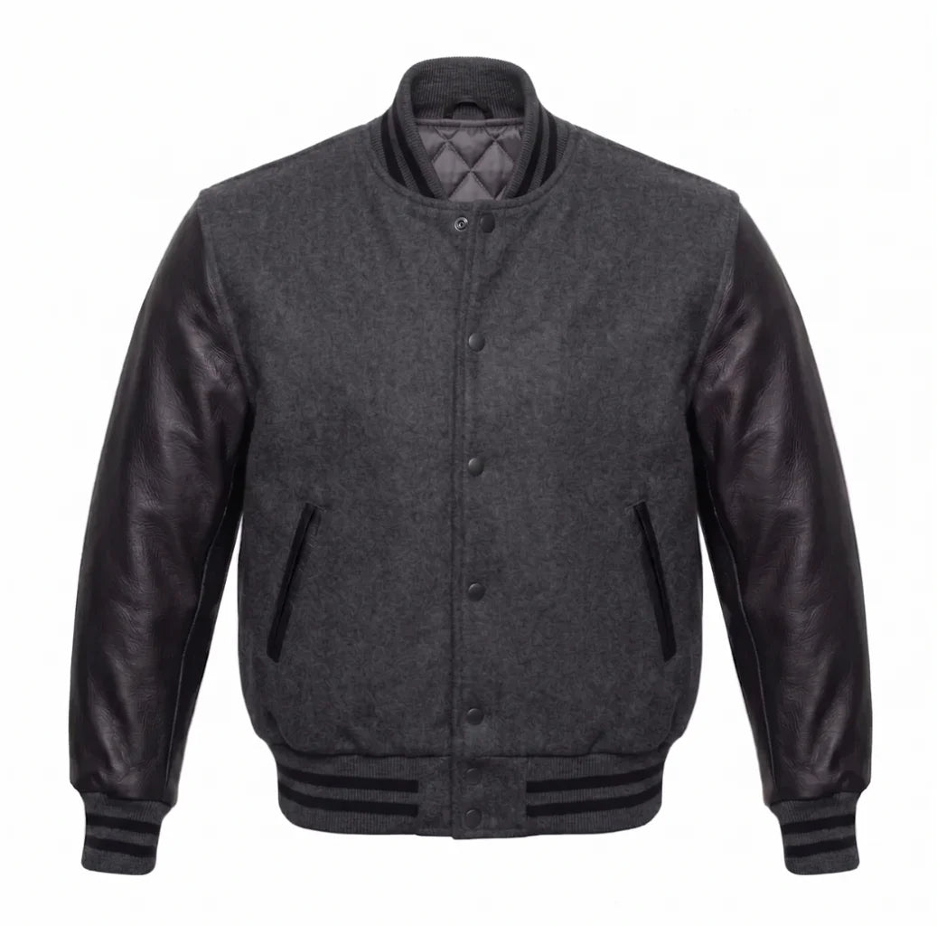 Dark Grey and Black Varsity Jacket with Wool Body and Leather Sleeves
