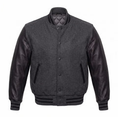 Dark Grey and Black Varsity Jacket with Wool Body and Leather Sleeves