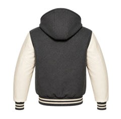 Dark Grey and Cream Hooded Letterman Jacket
