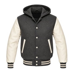 Dark Grey and Cream Hooded Letterman Jacket