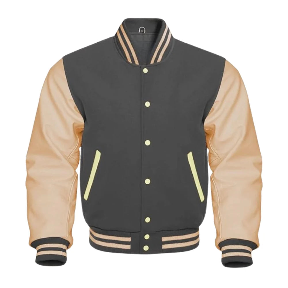 Dark Grey and Cream Varsity Jacket with Wool Body and Leather Sleeves