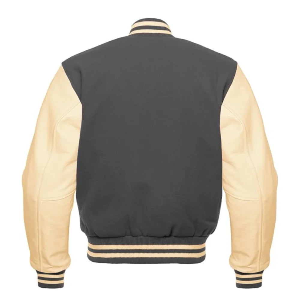 Dark Grey and Cream Varsity Jacket with Wool Body and Leather Sleeves Back Side
