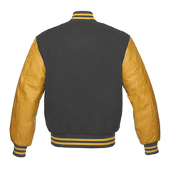 Dark Grey and Gold Varsity Jacket with Wool Body and Leather Sleeves Back Side