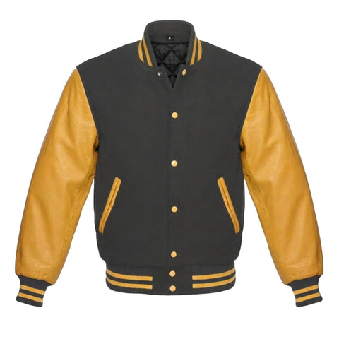 Dark Grey and Gold Varsity Jacket with Wool Body and Leather Sleeves