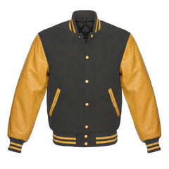 Dark Grey and Gold Varsity Jacket with Wool Body and Leather Sleeves