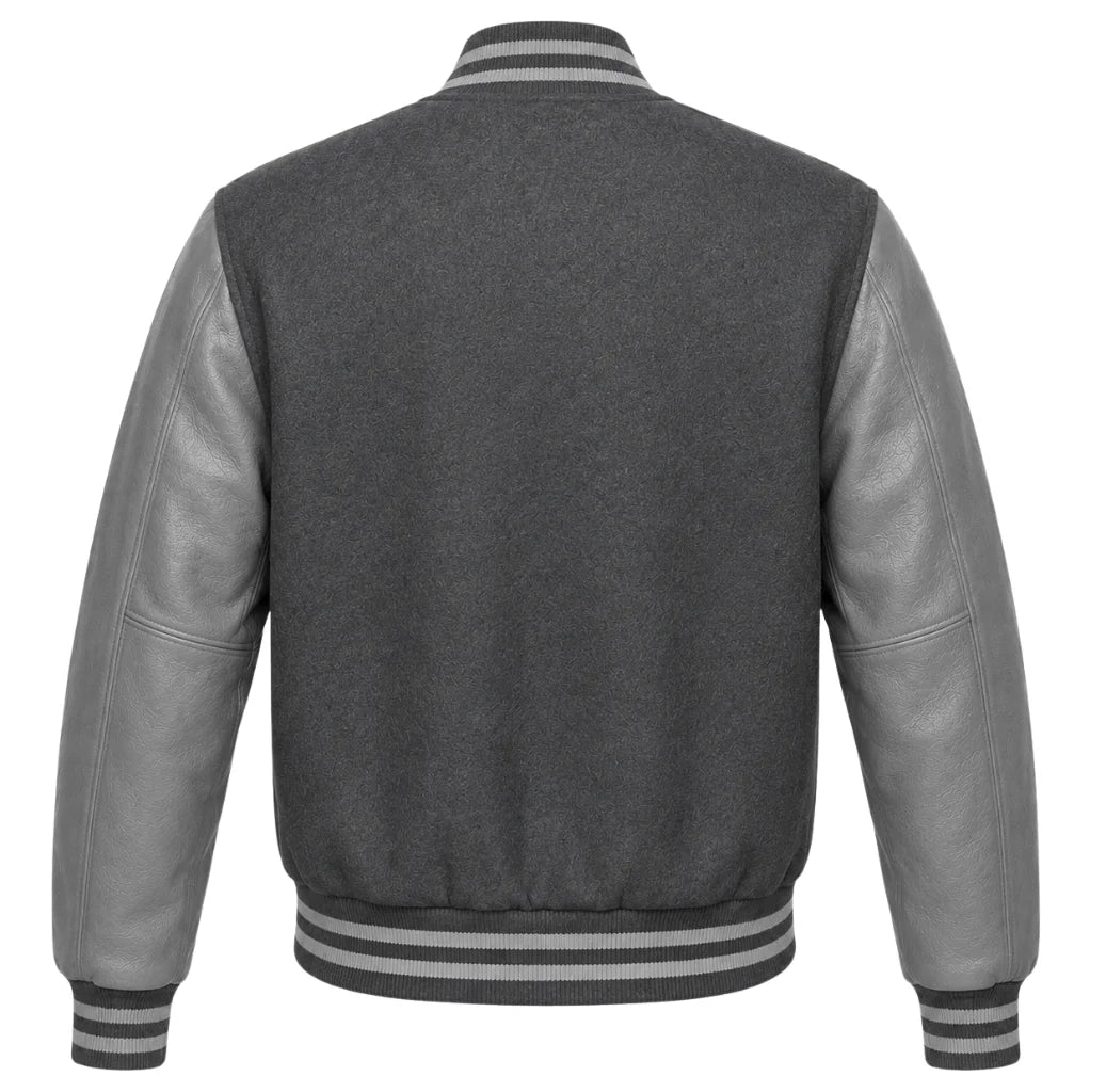 Dark grey wool varsity jacket with lighter grey cowhide sleeves, back view