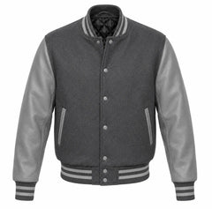 Dark grey melton wool varsity jacket with grey leather sleeves, front view