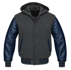 Dark Grey and Navy Blue Varsity Jacket with Hood