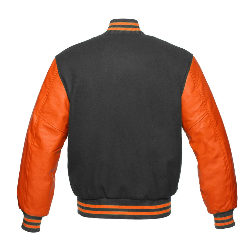 Dark Grey and Orange Varsity Jacket with Wool Body and Leather Sleeves Back Side