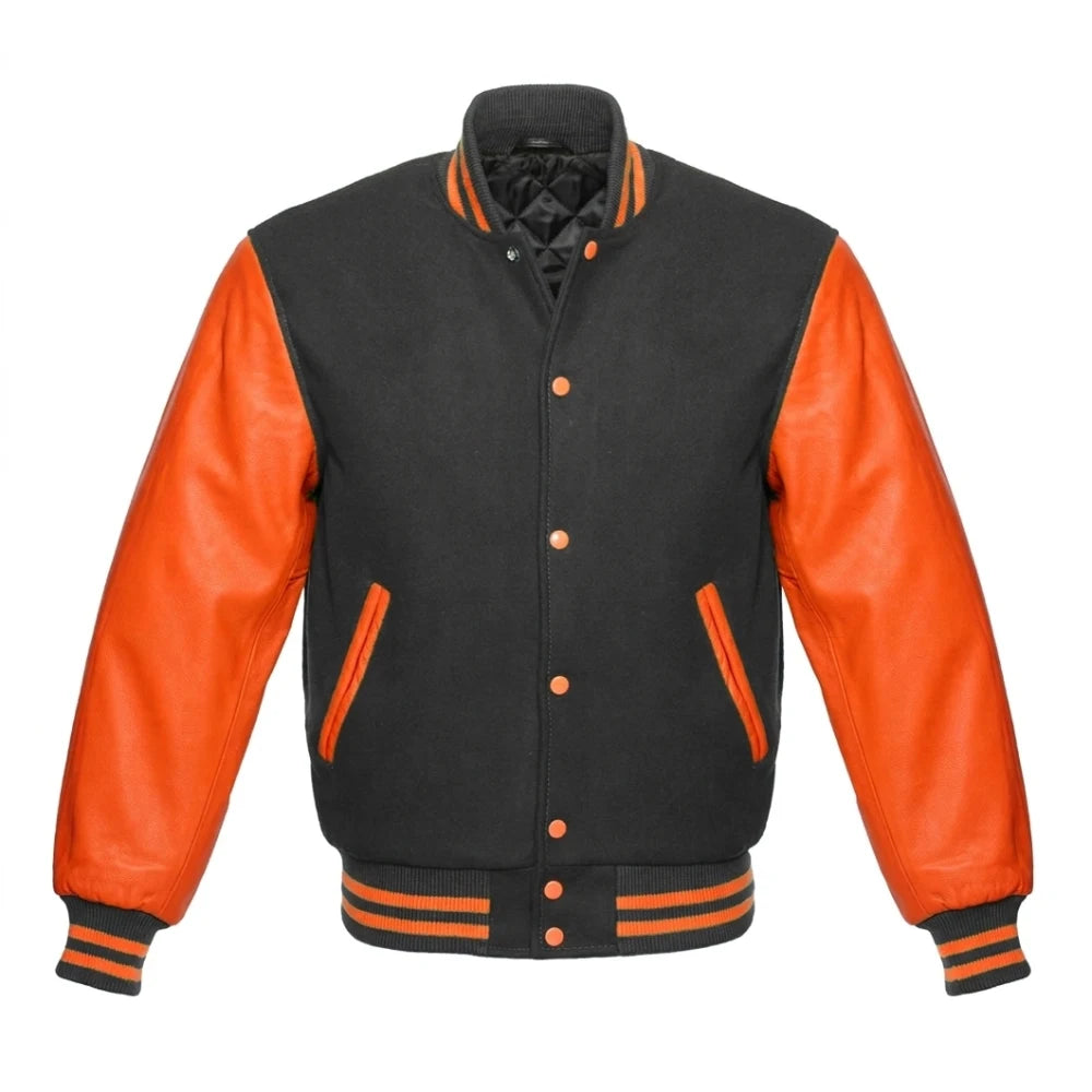 Dark Grey and Orange Varsity Jacket with Wool Body and Leather Sleeves