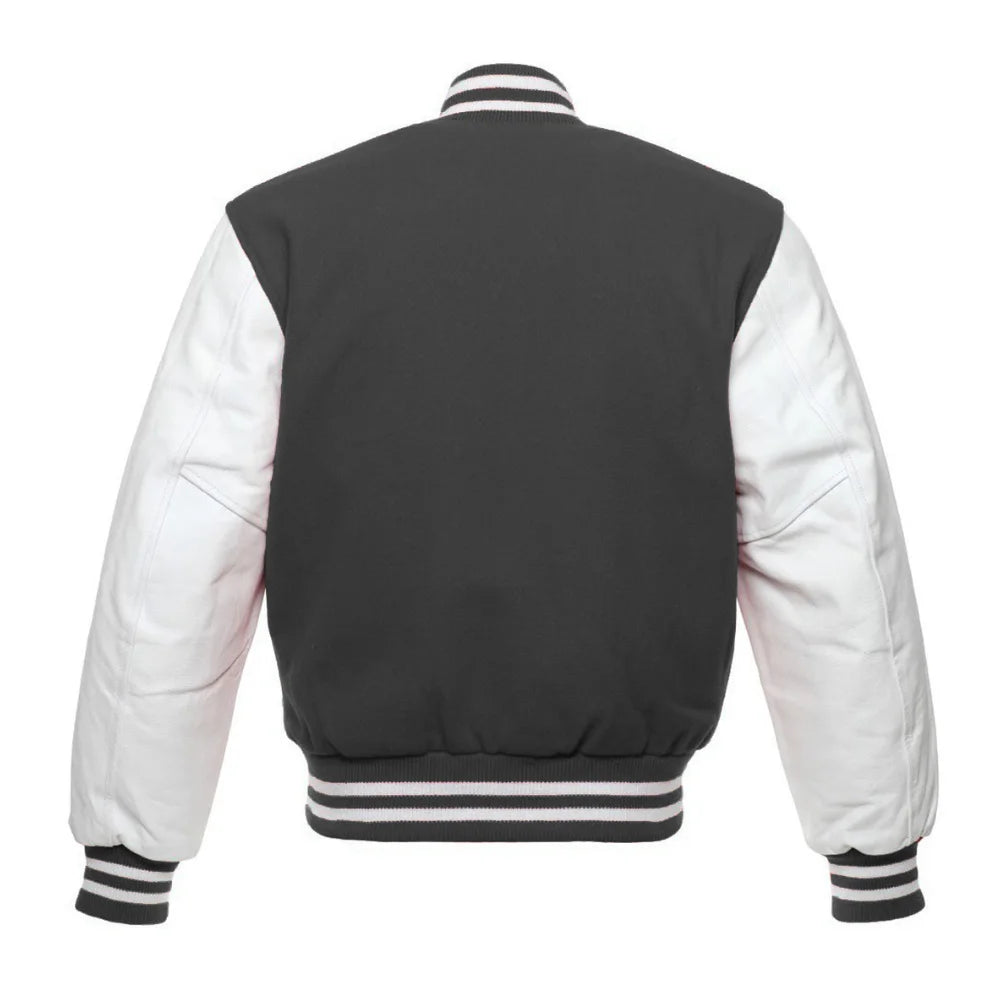 Dark Grey and White Varsity Jacket with Wool Body and Leather Sleeves Back Side
