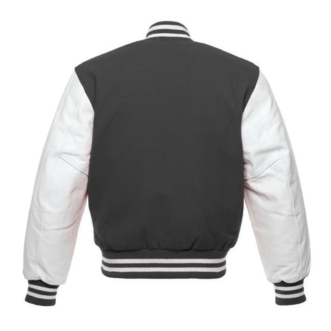 Dark Grey and White Varsity Jacket with Wool Body and Leather Sleeves Back Side
