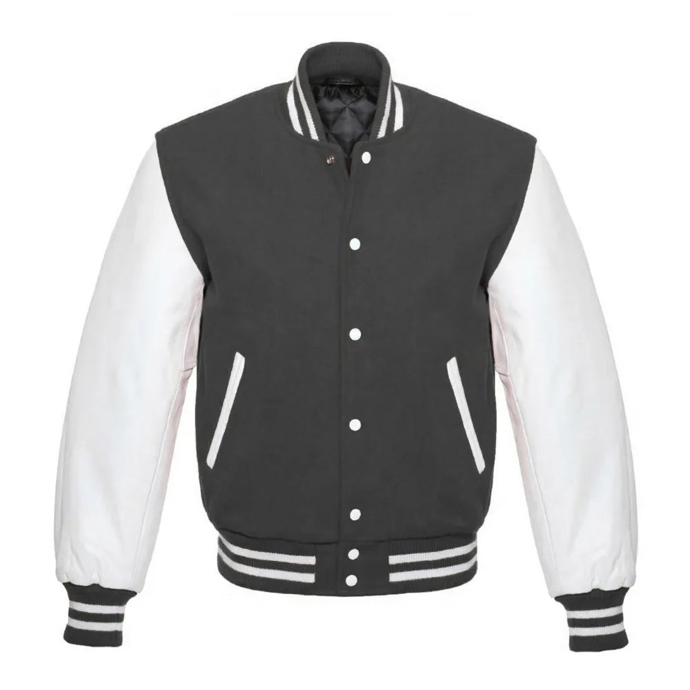 Dark Grey and White Varsity Jacket with Wool Body and Leather Sleeves