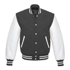 Dark Grey and White Varsity Jacket with Wool Body and Leather Sleeves