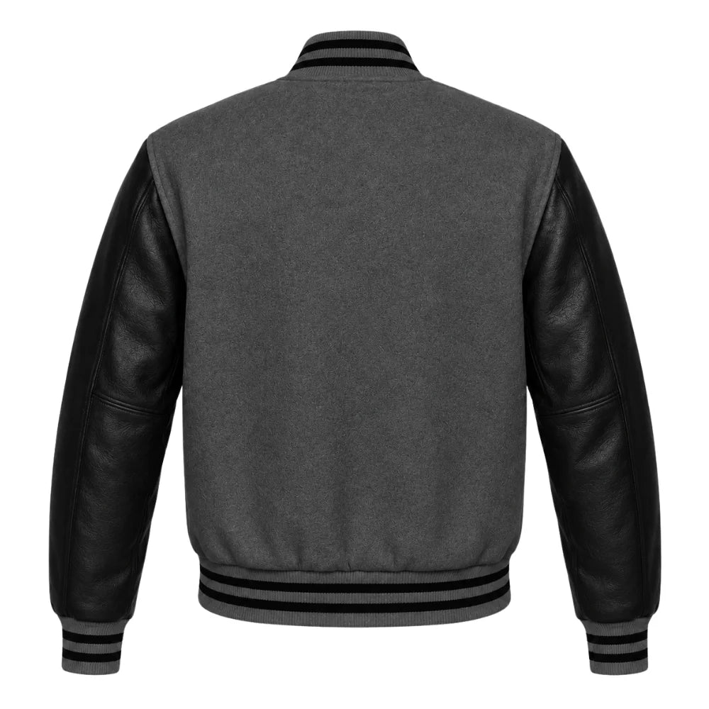 Dark Grey and Black Varsity Jacket with Wool Body and Leather Sleeves Back View