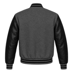 Dark Grey and Black Varsity Jacket with Wool Body and Leather Sleeves Back View
