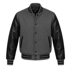 Dark Grey and Black Varsity Jacket with Wool Body and Leather Sleeves