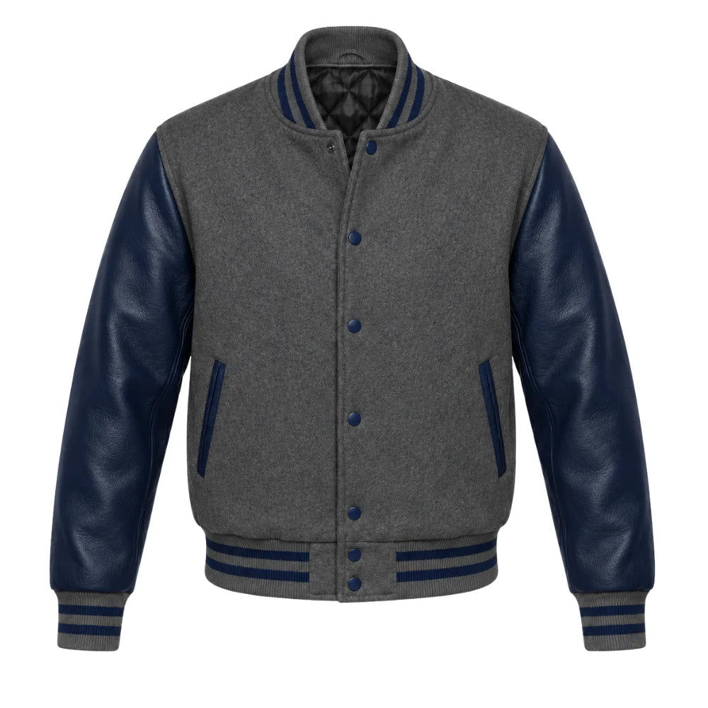 Dark Grey and Navy Blue Varsity Jacket with Wool Body and Leather Sleeves