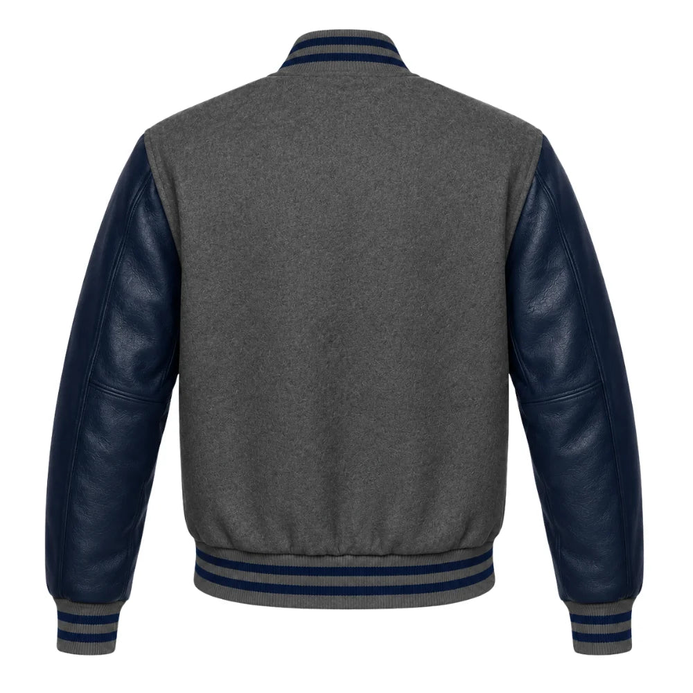 Dark Grey and Navy Blue Varsity Jacket with Wool Body and Leather Sleeves Back Side
