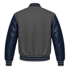 Dark Grey and Navy Blue Varsity Jacket with Wool Body and Leather Sleeves Back Side