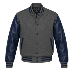 Dark Grey and Navy Blue Varsity Jacket with Wool Body and Leather Sleeves