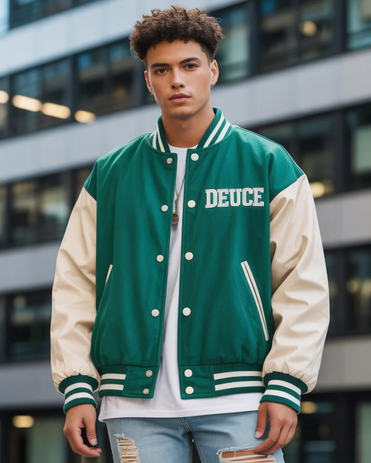 Person wearing a green and beige 'DEUCE' letterman jacket in an urban setting