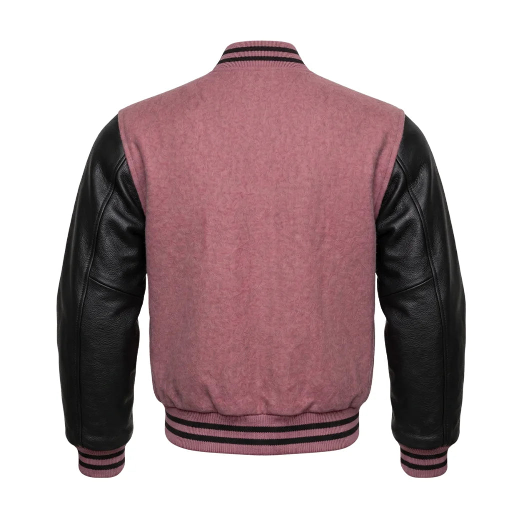 Dusty Rose and Black Varsity Jacket with Wool Body and Leather Sleeves Back Side