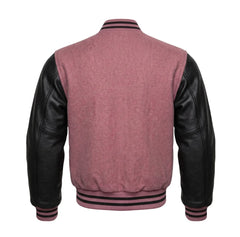 Dusty Rose and Black Varsity Jacket with Wool Body and Leather Sleeves Back Side