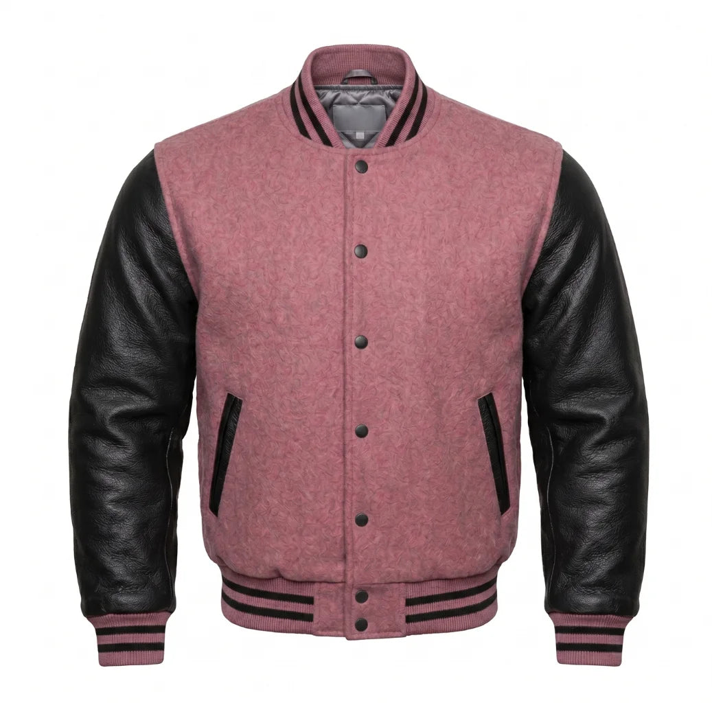 Dusty Rose and Black Varsity Jacket with Wool Body and Leather Sleeves