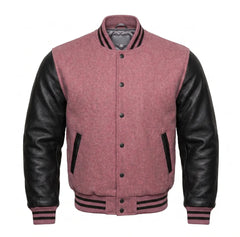 Dusty Rose and Black Varsity Jacket with Wool Body and Leather Sleeves