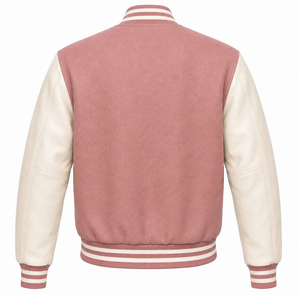 Dusty rose wool letterman jacket, cream cowhide sleeves, back view