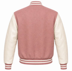 Dusty rose wool letterman jacket, cream cowhide sleeves, back view