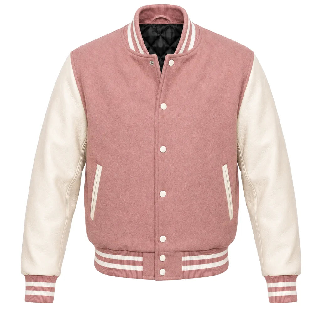 Dusty rose melton wool letterman jacket with cream leather sleeves, front view