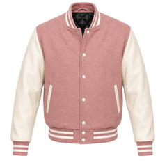 Dusty rose melton wool letterman jacket with cream leather sleeves, front view