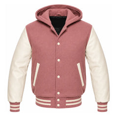 Dusty Rose and Cream Varsity Jacket with Hood