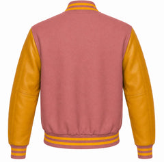Dusty rose wool letterman jacket with gold leather sleeves, back view