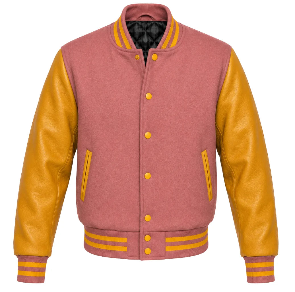 Dusty rose melton wool letterman jacket with gold cowhide sleeves, front view