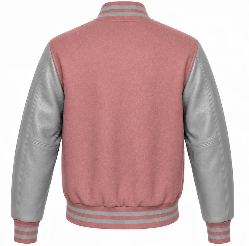 Dusty rose wool varsity jacket with grey cowhide sleeves, back view