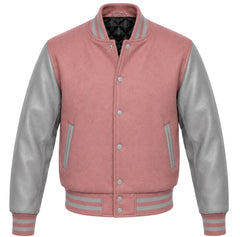 Dusty rose melton wool varsity jacket with grey leather sleeves, front view