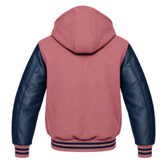 Dusty Rose and Navy Blue Letterman Jacket with Hood