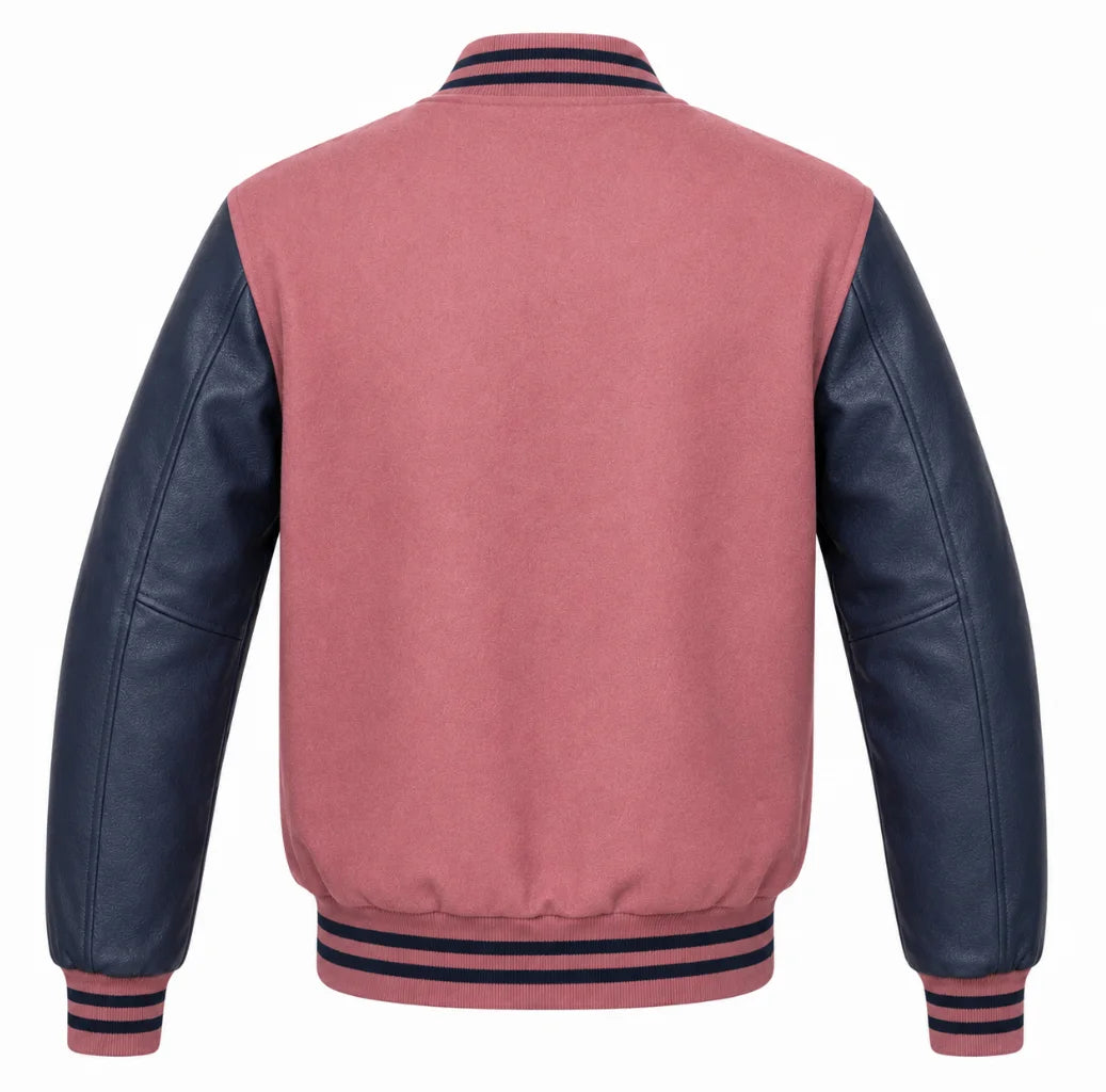 Dusty rose wool varsity jacket with navy blue leather sleeves, back view