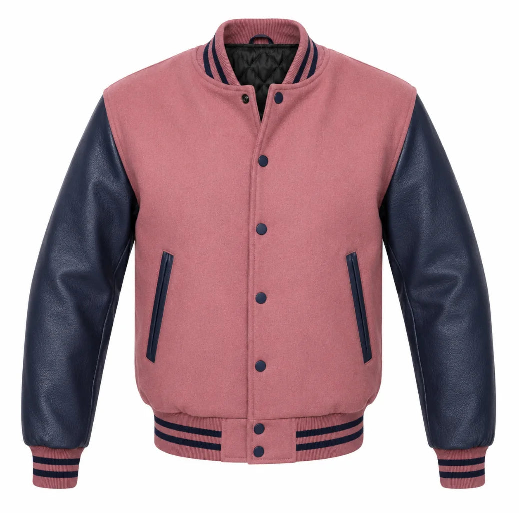 Dusty rose melton wool varsity jacket with navy blue cowhide sleeves, front view