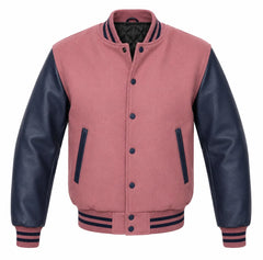 Dusty rose melton wool varsity jacket with navy blue cowhide sleeves, front view
