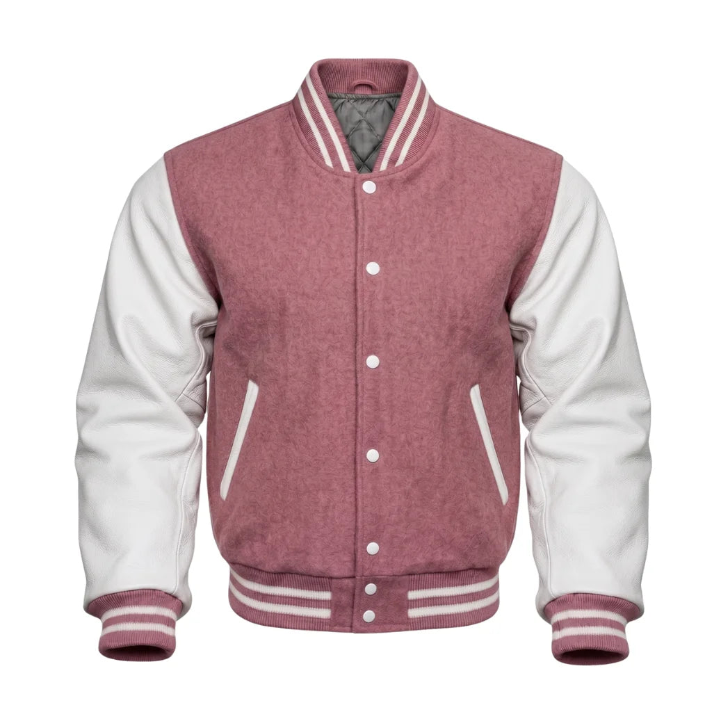 Dusty Rose and White Varsity Jacket with Wool Body and Leather Sleeves