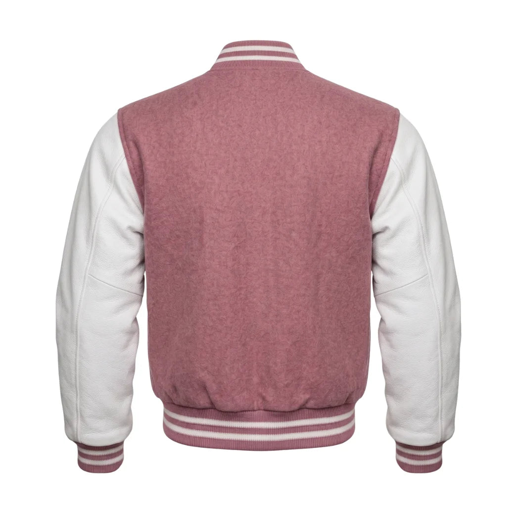 Dusty Rose and White Varsity Jacket with Wool Body and Leather Sleeves Back View