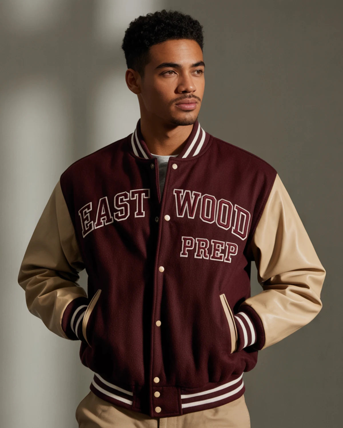 Man wearing a maroon and beige letterman jacket with 'East Wood Prep' text on a gray background