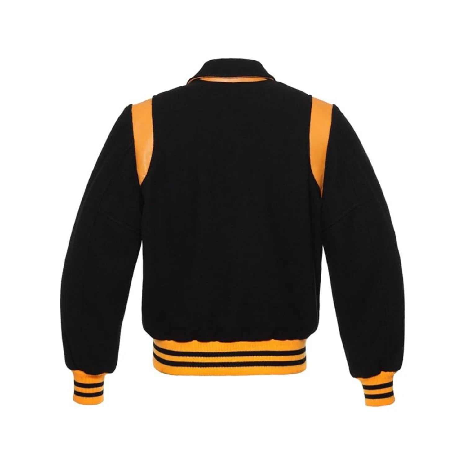 Black varsity jacket with orange accents on a white background