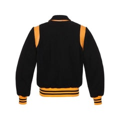 Black varsity jacket with orange accents on a white background