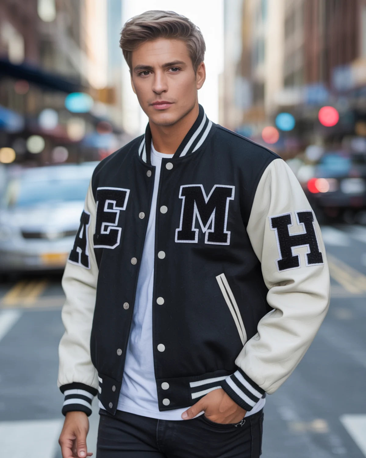 Man wearing a black and white varsity jacket with lettering on a city street.